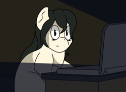 Size: 770x568 | Tagged: safe, artist:str8aura-draws-horses-and-stuff, derpibooru import, oc, oc:floor bored, caught, computer, dark room, laptop computer, lit up, messy mane, shocked, shocked expression, twilight sparkle's secret shipfic folder