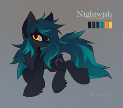 Size: 1280x1127 | Tagged: safe, artist:hioshiru, derpibooru import, oc, oc only, oc:nightwish, earth pony, pony, chest fluff, colored ears, earth pony oc, female, gradient background, hoof fluff, looking at you, mare, pale belly, reference sheet, solo, tail, trotting, two toned mane, two toned tail