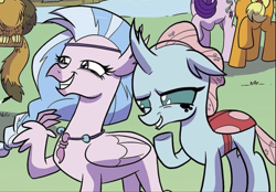 Size: 783x545 | Tagged: safe, derpibooru import, idw, ocellus, silverstream, violet shiver, black belle, comic, cropped, duo focus, evil grin, giggling, grin, implied ocellus, implied silverstream, my little pony: generations, offscreen character, smiling, smug