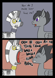 Size: 1000x1414 | Tagged: safe, artist:happy harvey, derpibooru import, zecora, pegasus, pony, zebra, 2 panel comic, cartoon physics, colored pupils, comic, drawn on phone, drawthread, ear piercing, earring, female, jewelry, male, mare, meme, neck rings, open mouth, piercing, song reference, stallion, witch doctor