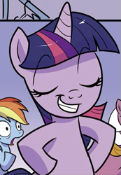 Size: 411x595 | Tagged: safe, derpibooru import, idw, rainbow dash, twilight sparkle, twilight sparkle (alicorn), alicorn, pony, comic, cropped, eyes closed, hooves on hips, my little pony: generations, proud, smiling, smuglight sparkle, solo focus