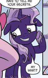 Size: 335x540 | Tagged: safe, derpibooru import, idw, violet shiver, pony, comic, cropped, ears, floppy ears, grin, my little pony: generations, nervous, nervous grin, offscreen character, smiling, solo focus, speech bubble, sweat