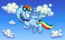 Size: 1172x725 | Tagged: safe, artist:beefgummies, derpibooru import, rainbow dash, pegasus, pony, blue sky, cloud, cute, dashabetes, eyes closed, female, flapping wings, flying, goggles, grin, smiling, solo, teeth, windswept mane, wings