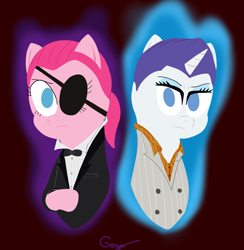 Size: 2035x2081 | Tagged: safe, artist:realgero, derpibooru import, pinkie pie, rarity, earth pony, pony, unicorn, aura, bowtie, clothes, duo, duo female, eyepatch, female, ponytail, short hair, suit, yakuza