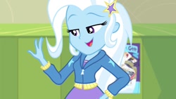 Size: 1280x720 | Tagged: safe, derpibooru import, screencap, trixie, better together, equestria girls, forgotten friendship, clothes, female, jacket, lockers, poster, skirt, solo