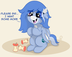 Size: 2415x1920 | Tagged: safe, artist:pony-thunder, derpibooru import, oc, oc only, oc:river tailwind, bat pony, apple, cute, food, ocbetes, puppy dog eyes, solo, weapons-grade cute