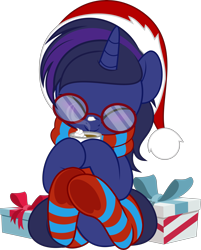 Size: 4021x5000 | Tagged: safe, artist:jhayarr23, derpibooru import, oc, oc only, oc:shadow twinkle, christmas, clothes, commission, cute, glasses, hat, holiday, present, santa hat, scarf, simple background, socks, solo, stockings, striped scarf, striped socks, thigh highs, transparent background, ych result