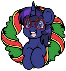 Size: 3553x3817 | Tagged: safe, artist:partylikeanartist, derpibooru import, oc, oc only, oc:shadow twinkle, christmas, christmas wreath, glasses, holiday, male, simple background, solo, transparent background, wreath