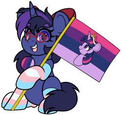 Size: 4000x3777 | Tagged: safe, artist:partylikeanartist, derpibooru import, twilight sparkle, oc, oc:shadow twinkle, bi twi, big crown thingy, bow, clothes, commission, element of magic, female, flag, glasses, hair bow, jewelry, pride, pride flag, regalia, simple background, socks, stockings, striped socks, thigh highs, trans female, transgender, transparent background, ych result