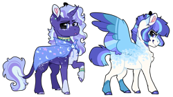 Size: 2827x1596 | Tagged: safe, artist:moccabliss, derpibooru import, oc, oc only, pegasus, pony, unicorn, colored wings, magical lesbian spawn, multicolored wings, offspring, parent:hoo'far, parent:moondancer, parent:rainbow dash, parent:rainbowdancer, parent:trixie, parents:trixfar, simple background, transparent background, wings