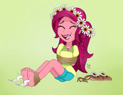 Size: 3300x2550 | Tagged: safe, artist:bageloftime, derpibooru import, gloriosa daisy, equestria girls, arm behind back, barefoot, bondage, clothes, eyes closed, feather, feet, fetish, floral head wreath, flower, foot fetish, foot focus, laughing, open mouth, rope, rope bondage, sandals, shoes, simple background, soles, tickling, tied up