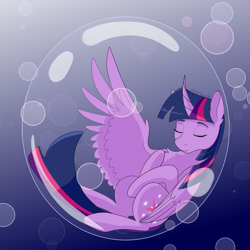 Size: 2000x2000 | Tagged: safe, artist:maravor, derpibooru import, twilight sparkle, twilight sparkle (alicorn), alicorn, pony, bubble, chest fluff, cute, eyes closed, female, high res, in bubble, mare, simple background, sleeping, smiling, solo, twiabetes