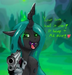 Size: 1983x2048 | Tagged: safe, artist:dummyhorse, artist:phutashi_xd, derpibooru import, queen chrysalis, changeling, changeling queen, bust, fangs, female, gun, hand, handgun, looking at you, open mouth, pistol, robbery, solo, suddenly hands, talking to viewer, weapon