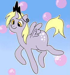 Size: 1455x1551 | Tagged: safe, artist:immunefox, derpibooru import, derpy hooves, ditzy doo, alicorn, pony, alicornified, blue, blue background, bubble, cross-eyed, crown, cute, flying, horn, jewelry, princess, race swap, regalia, silly, simple background, small horn, small wings, solo, wings