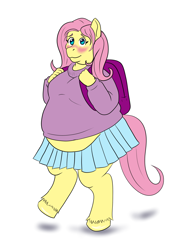 Size: 2480x3508 | Tagged: safe, artist:maxicoon, derpibooru import, fluttershy, anthro, pegasus, unguligrade anthro, backpack, bbw, belly, big belly, blushing, clothes, fat, fattershy, female, freshman, high res, obese, simple background, skirt, smiling, solo, sweater, unshorn fetlocks, white background, wingless, wingless anthro, younger