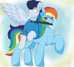 Size: 3000x2700 | Tagged: safe, artist:astrum, derpibooru import, rainbow dash, soarin', pegasus, pony, bedroom eyes, biting, blushing, chest fluff, clothes, cute, digital art, dress shirt, feather, female, flirting, flying, grin, height difference, high res, imminent sex, imminent snu snu, larger female, male, necktie, nervous, pulling, raised hoof, raised leg, shipping, shirt, size difference, smaller male, smiling, smirk, soarindash, straight, surprised, uniform, wide eyes, wings, wonderbolts dress uniform