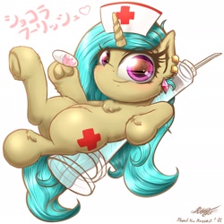 Size: 1920x1920 | Tagged: safe, artist:phoenixrk49, derpibooru import, oc, oc only, pony, unicorn, ear piercing, female, fluffy, hat, heart, heart eyes, japanese, jewelry, looking at you, lying down, mare, nurse hat, on back, piercing, pills, signature, smiling, smiling at you, solo, syringe, wingding eyes