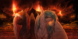 Size: 4732x2369 | Tagged: safe, artist:lynex_483, derpibooru import, oc, oc:power note, oc:skyshard melody, alicorn, bat pony, fire, music, volcano