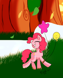 Size: 1300x1600 | Tagged: safe, artist:vermillionyris, derpibooru import, pinkie pie, earth pony, pony, balloon, eyes closed, female, grass, solo