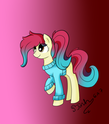 Size: 700x800 | Tagged: safe, artist:vermillionyris, derpibooru import, oc, oc only, earth pony, pony, clothes, earth pony oc, female, gradient background, ponytail, solo, sweater