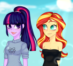 Size: 2000x1818 | Tagged: safe, artist:thecreativerey, derpibooru import, sci-twi, sunset shimmer, twilight sparkle, equestria girls, bare shoulders, breasts, cleavage, clothes, duo, female, lesbian, scitwishimmer, shipping, smiling, sunsetsparkle