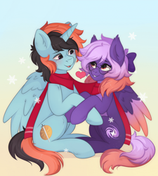 Size: 700x777 | Tagged: safe, derpibooru import, oc, oc only, oc:aegis lance, oc:ardent dusk, alicorn, bat pony, hybrid, pegasus, clothes, couple, cute, glasses, heart, holding hooves, scarf