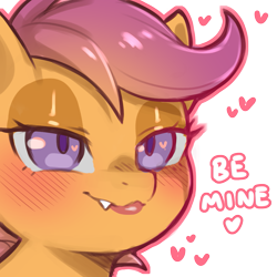 Size: 1159x1159 | Tagged: safe, artist:cold-blooded-twilight, derpibooru import, scootaloo, pegasus, pony, blushing, dialogue, eyeshadow, fangs, female, filly, foal, heart, heart eyes, lidded eyes, makeup, simple background, smiling, transparent background, wingding eyes