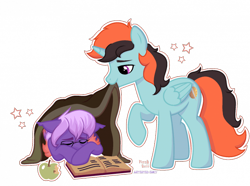 Size: 700x521 | Tagged: safe, artist:artistic-inky, derpibooru import, oc, oc only, oc:aegis lance, oc:ardent dusk, alicorn, bat pony, hybrid, pegabat, pegasus, book, couple, cute, sleeping, sleepy, tucking in