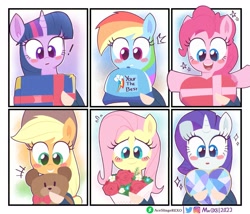 Size: 1725x1478 | Tagged: safe, artist:aceslingerexo, derpibooru import, applejack, fluttershy, pinkie pie, rainbow dash, rarity, twilight sparkle, earth pony, human, pegasus, pony, unicorn, baseball cap, blush sticker, blushing, book, bouquet, box of chocolates, cap, diamond, exclamation point, female, flower, gem, grin, hat, heart shaped, holiday, mane six, mare, offscreen character, open mouth, open smile, plushie, rose, smiling, teddy bear, valentine's day