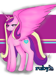 Size: 768x1024 | Tagged: safe, artist:ruby jane, derpibooru import, princess cadance, alicorn, pony, female, mare, signature, solo, spread wings, wings