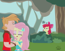 Size: 1422x1104 | Tagged: safe, artist:dashdeviant, derpibooru import, apple bloom, big macintosh, fluttershy, equestria girls, annoyed, eyes closed, female, fluttermac, forehead kiss, holding hands, holiday, kissing, male, shipping, smiling, spying, straight, valentine's day