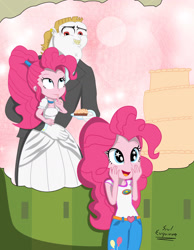 Size: 1302x1680 | Tagged: safe, artist:dashdeviant, derpibooru import, bulk biceps, pinkie pie, equestria girls, cake, clothes, dress, fantasizing, female, food, holiday, male, pieceps, ponytail, shipping, straight, thought bubble, tuxedo, valentine's day, wedding cake, wedding dress