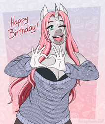 Size: 2600x3050 | Tagged: safe, artist:hasana-chan, oc, oc only, oc:rosie quartz, anthro, unguligrade anthro, unicorn, anthro oc, big breasts, breasts, cleavage, clothes, commission, curved horn, digital art, female, gift art, happy birthday, heart hands, horn, mare, one eye closed, shoulderless, smiling, unicorn oc, wink