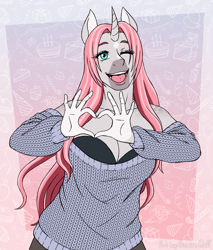 Size: 2600x3050 | Tagged: safe, alternate version, artist:hasana-chan, oc, oc only, oc:rosie quartz, anthro, unguligrade anthro, unicorn, anthro oc, big breasts, breasts, cleavage, clothes, commission, curved horn, digital art, female, gift art, heart hands, horn, mare, one eye closed, shoulderless, smiling, unicorn oc, wink