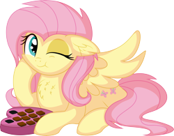Size: 7102x5540 | Tagged: safe, artist:cyanlightning, derpibooru import, fluttershy, pegasus, pony, .svg available, absurd resolution, chest fluff, chocolate, ear fluff, ears, eating, female, food, looking at you, lying down, mare, one eye closed, prone, simple background, sitting, smiling, solo, spread wings, transparent background, vector, wings, wink