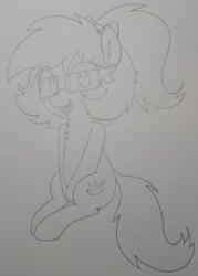 Size: 1280x1788 | Tagged: safe, artist:wafflecakes, ponerpics import, oc, oc only, oc:venus spring, earth pony, pony, blushing, braces, chest fluff, glasses, monochrome, simple background, sitting, smiling, traditional art