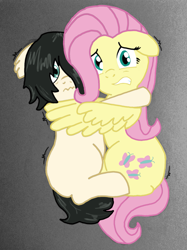 Size: 951x1274 | Tagged: artist needed, safe, derpibooru import, edit, fluttershy, oc, oc:floor bored, earth pony, pegasus, pony, 4chan, adult blank flank, blank flank, colored, friendshipping, holding, monochrome, scared, traditional art, wavy mouth