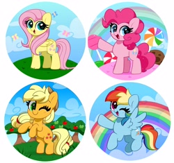 Size: 4096x3848 | Tagged: safe, artist:kittyrosie, derpibooru import, applejack, fluttershy, pinkie pie, rainbow dash, butterfly, earth pony, pegasus, pony, apple, apple tree, applejack's hat, backwards cutie mark, blushing, candy, clothes, cloud, cookie, cowboy hat, cute, dashabetes, diapinkes, female, flying, food, hat, jackabetes, lollipop, looking at you, mare, one eye closed, open mouth, open smile, rainbow, shyabetes, smiling, spread wings, starry eyes, tree, wingding eyes, wings, wink, winking at you