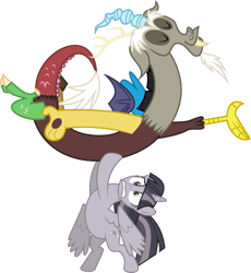 Size: 3480x3783 | Tagged: safe, anonymous artist, artist:missbeigepony, derpibooru import, edit, discord, twilight sparkle, twilight sparkle (alicorn), alicorn, draconequus, pony, three's a crowd, bipedal, discorded, discorded twilight, eyes closed, female, glass of water, high res, holding, implied straight, lifting, male, mare, simple background, transparent background, vector