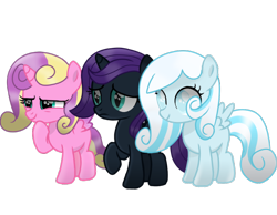 Size: 1014x788 | Tagged: safe, artist:be_yourself, derpibooru import, princess skyla, oc, oc:nyx, oc:snowdrop, alicorn, pegasus, pony, alicorn oc, colored wings, female, filly, foal, frown, hoof on chin, hooves, horn, movie accurate, pegasus oc, raised hoof, raised leg, shading, simple background, slit eyes, small wings, smiling, spread wings, standing, transparent background, trio, trio female, unamused, wings
