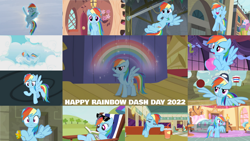 Size: 1280x721 | Tagged: safe, derpibooru import, edit, edited screencap, editor:quoterific, screencap, rainbow dash, earth pony, pegasus, pony, boast busters, common ground, daring doubt, equestria games (episode), horse play, it's about time, party of one, rarity takes manehattan, season 1, season 2, season 3, season 4, season 5, season 6, season 8, season 9, swarm of the century, sweet and elite, tanks for the memories, the saddle row review, too many pinkie pies, spoiler:s08, spoiler:s09, 2022, ^^, basket, best pony, buckball, cloud, cute, dashabetes, eyes closed, female, flying, golden oaks library, honey curls, mare, mare e. lynn, open mouth, open smile, rainbow, rainbow dash day, sky, smiling, solo, solo focus, spread wings, sugarcube corner, sunglasses, whistle, whistle necklace, wings