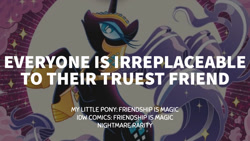 Size: 1280x720 | Tagged: safe, derpibooru import, edit, editor:quoterific, idw, nightmare rarity, alicorn, pony, female, mare, moon, nightmare rarity (idw), solo, text