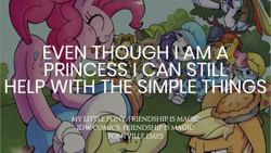 Size: 1280x720 | Tagged: safe, derpibooru import, edit, editor:quoterific, idw, applejack, carrot cake, colter sobchak, cup cake, diamond tiara, granny smith, jeff letrotski, pinkie pie, rainbow dash, rarity, silver spoon, earth pony, pegasus, pony, unicorn, ^^, applejack's hat, clothes, cowboy hat, eyes closed, female, filly, foal, food, hat, male, mare, open mouth, open smile, pie, ponyville days, smiling, stallion, text, theodore donald "donny" kerabatsos
