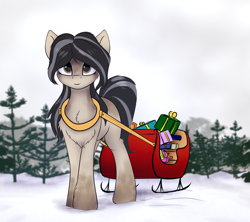 Size: 2010x1786 | Tagged: safe, artist:colourwave, derpibooru import, oc, oc only, oc:cold shoulder, pony, chest fluff, coat markings, female, fluffy, happy new year, holiday, looking at you, mare, outdoors, present, sleigh, smiling, smiling at you, snow, snow mare, snowpony (species), solo, taiga pony, yakutian horse