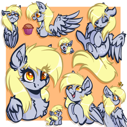 Size: 4000x4000 | Tagged: safe, artist:witchtaunter, derpibooru import, derpy hooves, pegasus, pony, bust, chest fluff, chibi, crying, cute, derp, ear fluff, ears, emanata, excited, female, food, looking at you, looking back, looking back at you, looking over shoulder, mare, muffin, open mouth, open smile, portrait, shoulder fluff, simple background, sleeping, smiling, surprised