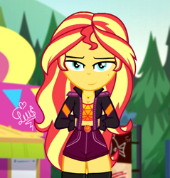 Size: 783x818 | Tagged: safe, artist:flutteryaylove, derpibooru import, edit, edited screencap, screencap, sunset shimmer, equestria girls, equestria girls series, sunset's backstage pass!, spoiler:eqg series (season 2), breasts, cleavage, clothes, looking at you, sexy, smiling, socks, stockings, sunset jiggler, thigh highs