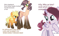 Size: 4000x2500 | Tagged: safe, artist:aonatsu_ki, derpibooru import, applejack, oc, oc:gradientte, oc:oak, alicorn, earth pony, pony, comic:useless alicorn, alicorn oc, applejack is not amused, base used, exclamation point, female, filly, foal, folded wings, gradient mane, green eyes, gritted teeth, horn, mare, messy mane, mud, oc and canon, open mouth, question mark, raised hoof, raised leg, show accurate, simple background, standing, text, transparent background, trio, trio female, unamused, vulgar description, wet, wet mane, wings