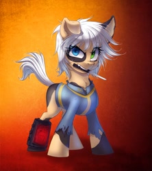 Size: 1253x1410 | Tagged: artist needed, safe, derpibooru import, oc, oc only, oc:firefly (fallout equestria: promise), earth pony, pony, fallout equestria, fallout equestria: promise, angry, clothes, female, filly, foal, heterochromia, knife, mouth hold, orange background, pipbuck, simple background, solo, torn clothes, vault suit, white hair