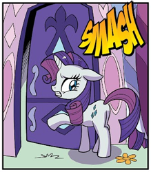 Size: 327x373 | Tagged: safe, derpibooru import, idw, rarity, pony, unicorn, context is for the weak, horn, smashing