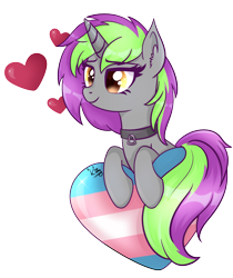 Size: 2084x2478 | Tagged: safe, artist:kitty_katastrophe, derpibooru import, oc, oc only, oc:frenzy nuke, pony, unicorn, collar, female, heart, mare, pride, pride flag, simple background, solo, transgender pride flag, transparent background